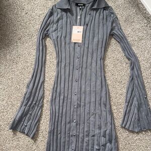 Missguided Gray Ribbed Button-Front Long Sleeve Dress